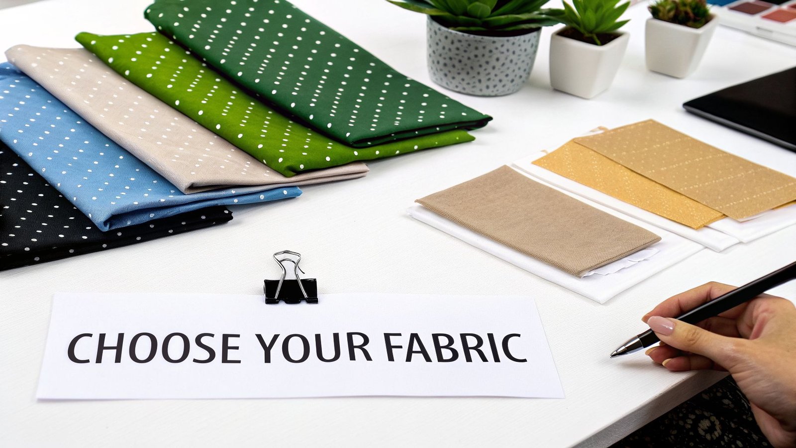 Multiple folded polka dot fabrics in various colors, a note, and a hand with a pen.