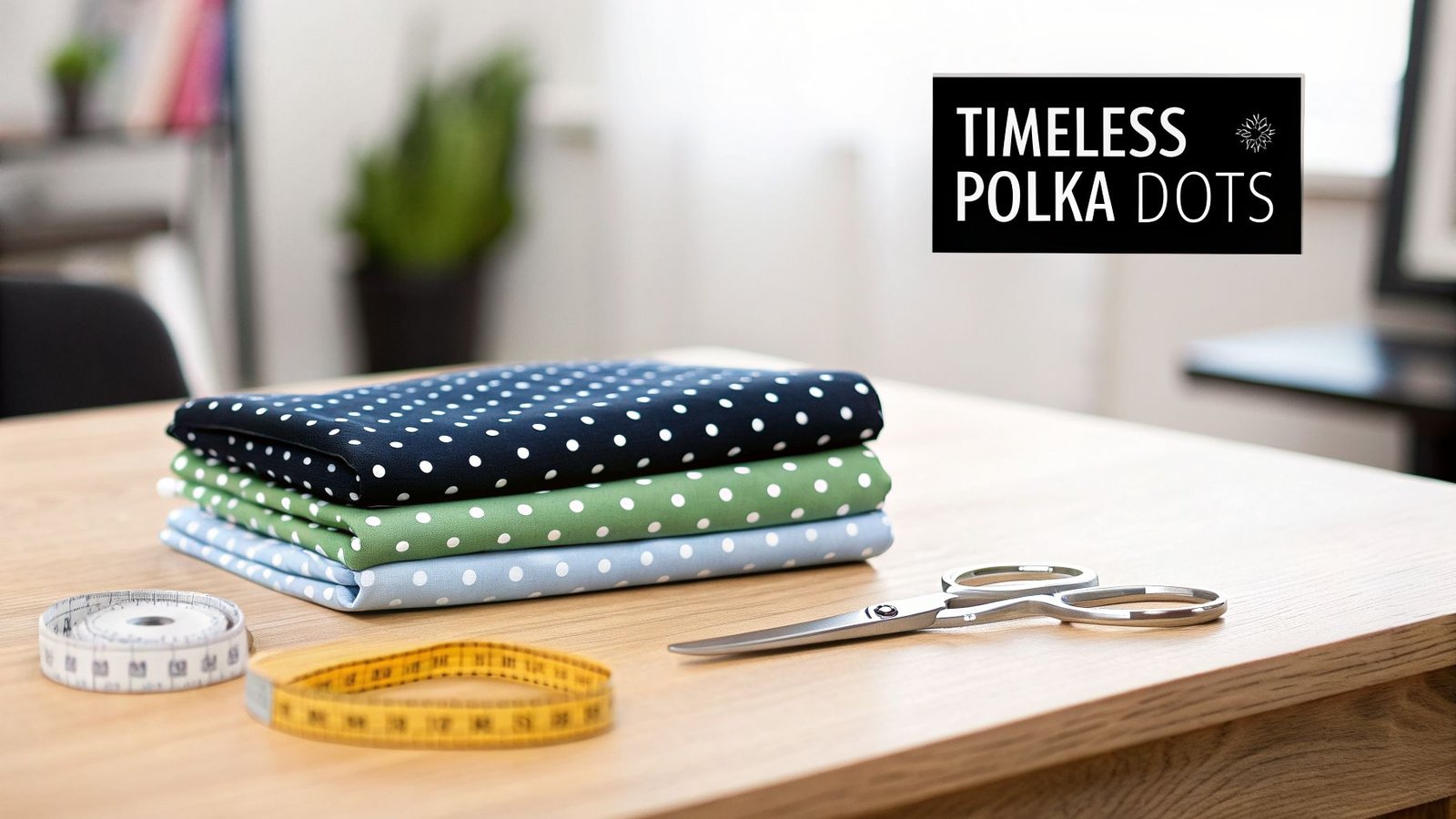 Stack of three polka dot fabrics in navy, green, and light blue with sewing tools on a wooden table.