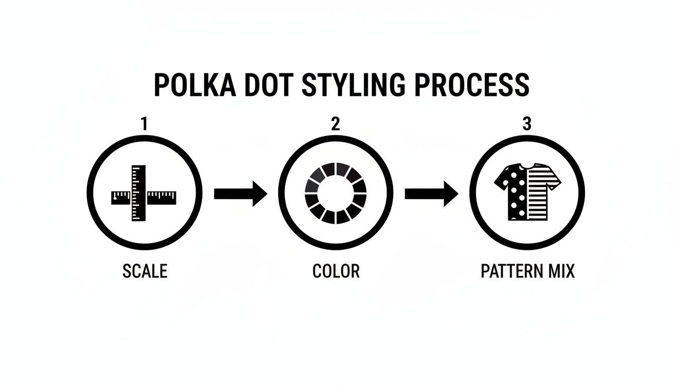 Diagram showing three steps for polka dot styling: scale, color, and pattern mix.