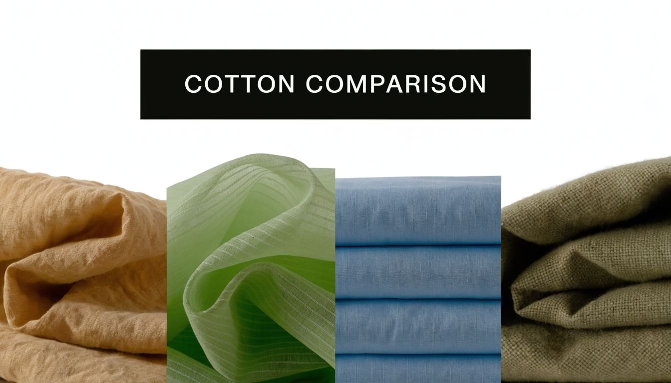 Four different folded samples of cotton fabric in orange, green, blue, and brown displayed for comparison.