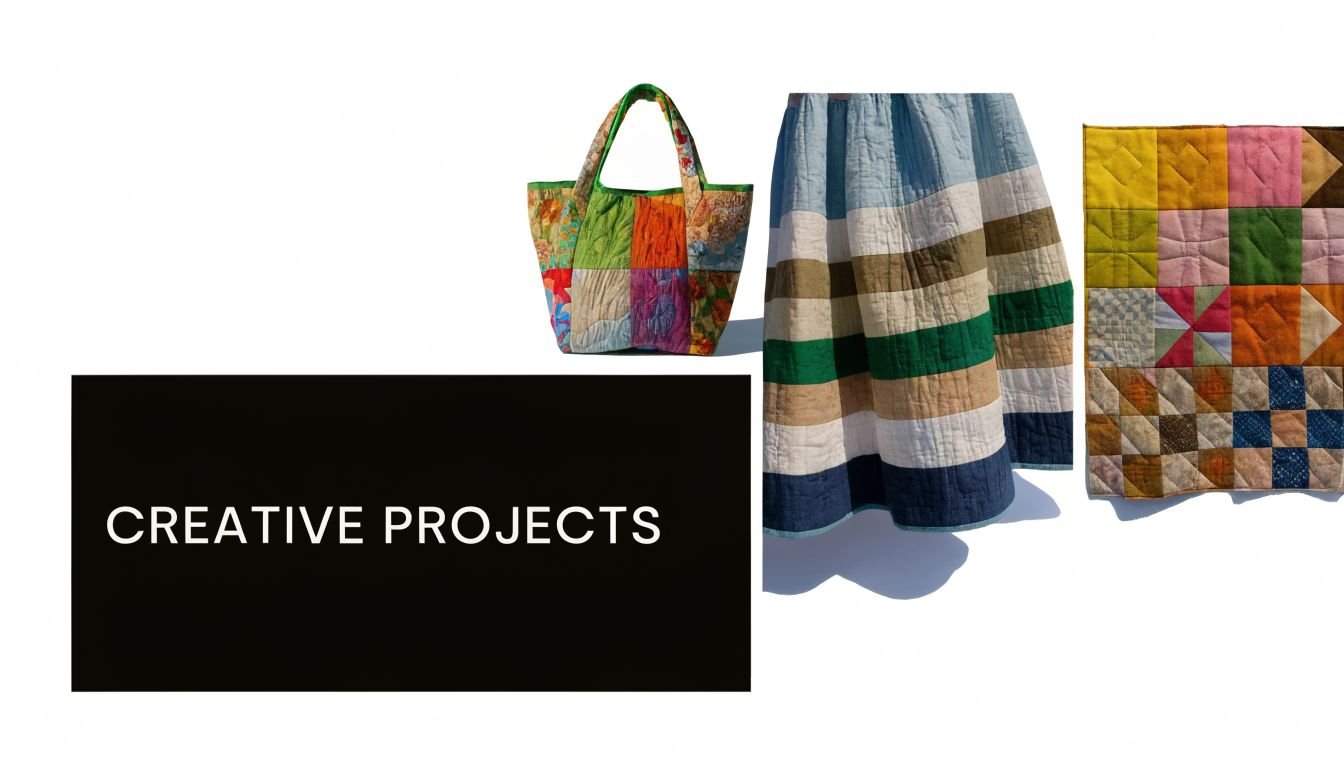 A colorful tote bag, a striped skirt, and a patchwork quilt displayed against a white background.