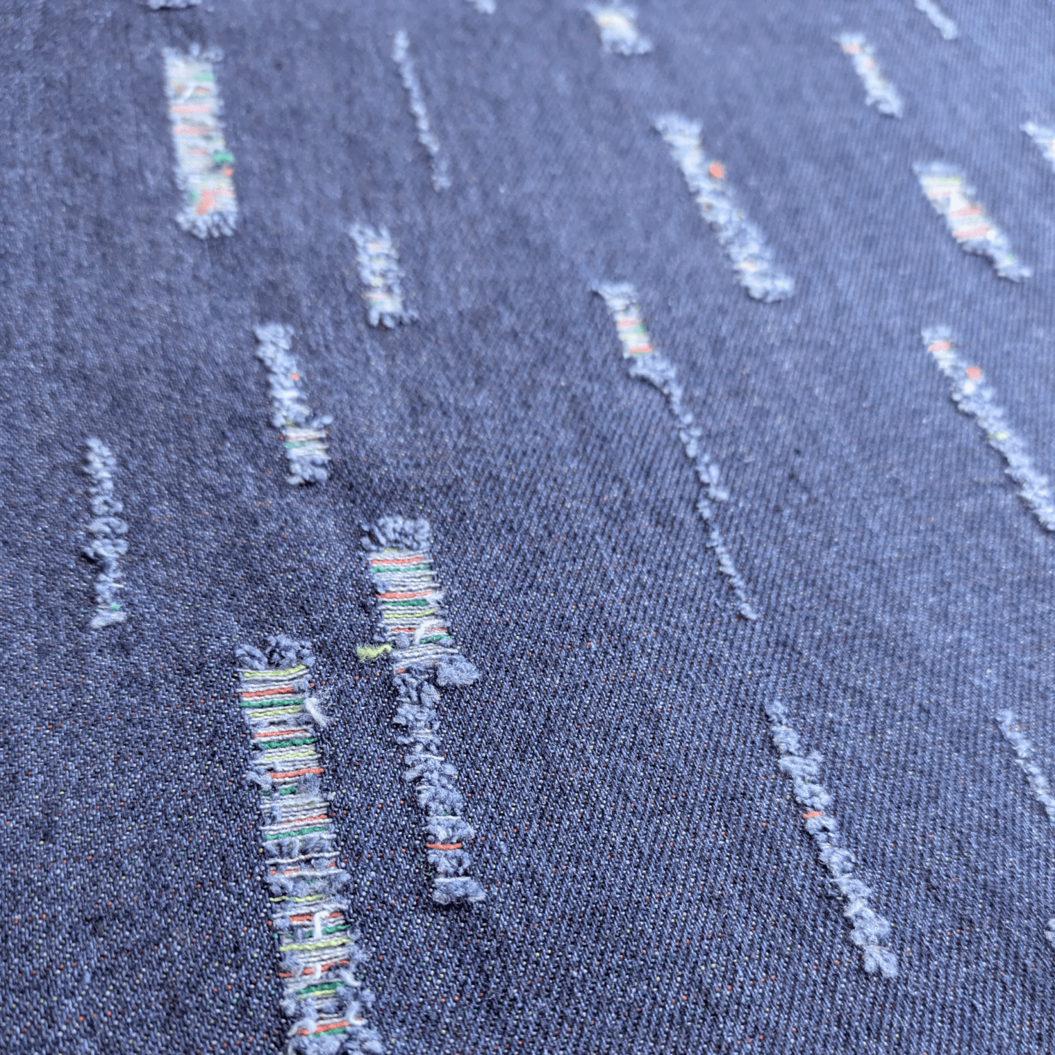 Ripped Distressed Denim Fabric Dark Blue With Coloured Yarns Material 150cm Wide