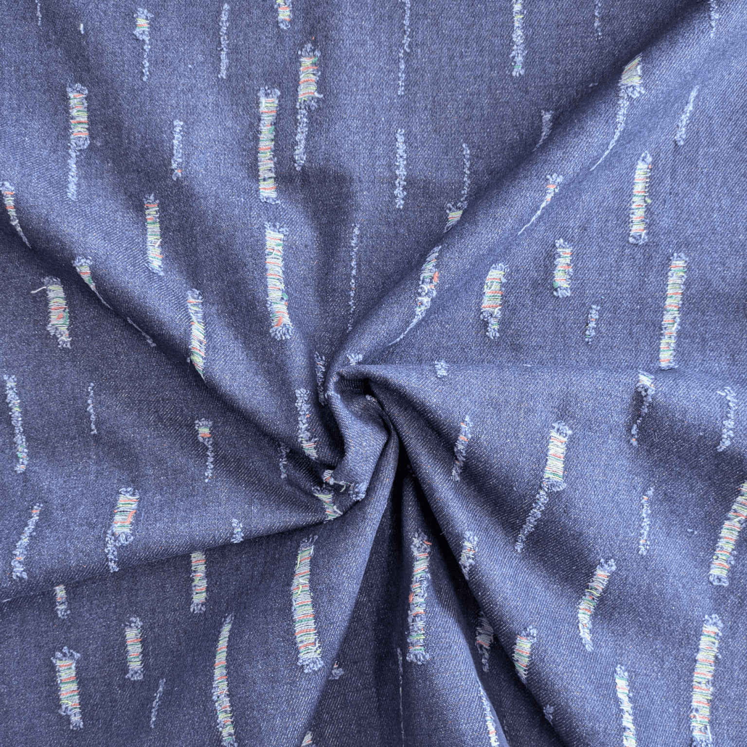 Ripped Distressed Denim Fabric Dark Blue With Coloured Yarns Material 150cm Wide