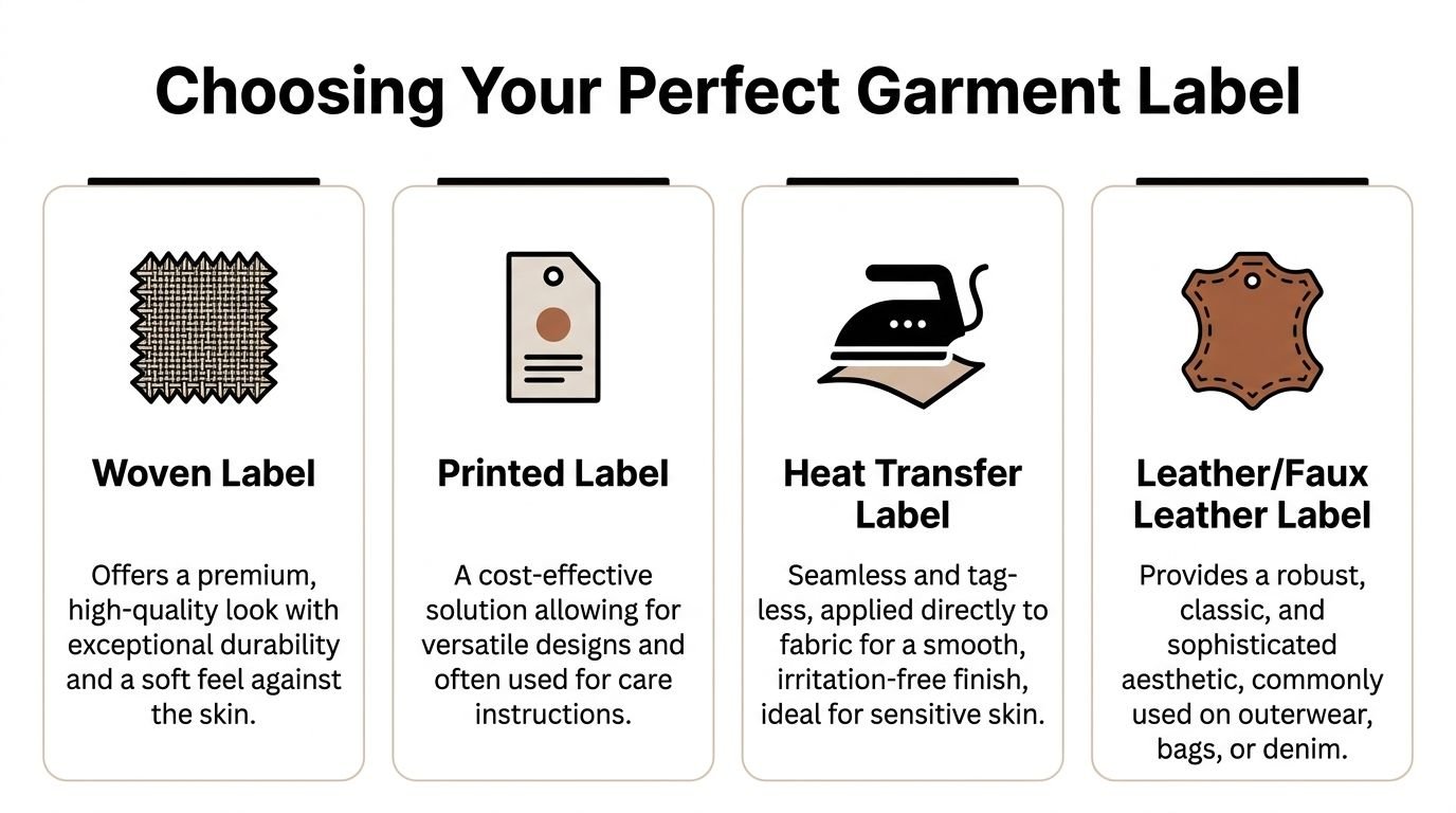 An infographic titled Choosing Your Perfect Garment Label showcasing four types of custom clothing labels with descriptions.