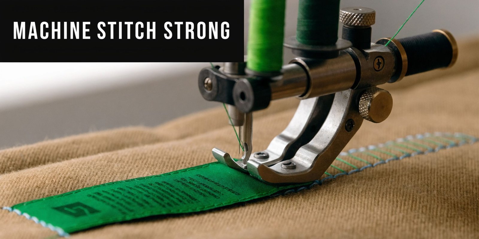 A close-up view of a sewing machine needle stitching a green fabric label onto brown clothing material.