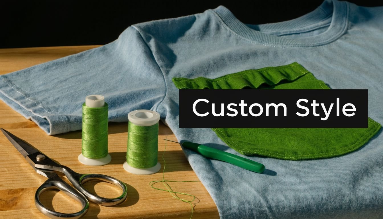 A light blue t-shirt with a green custom pocket next to green thread spools and scissors.