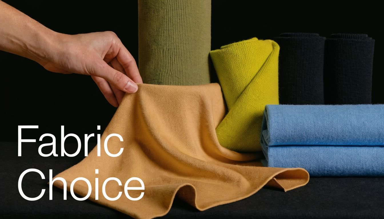 A hand holding a piece of soft fabric, surrounded by various colorful rolls of textiles on display.