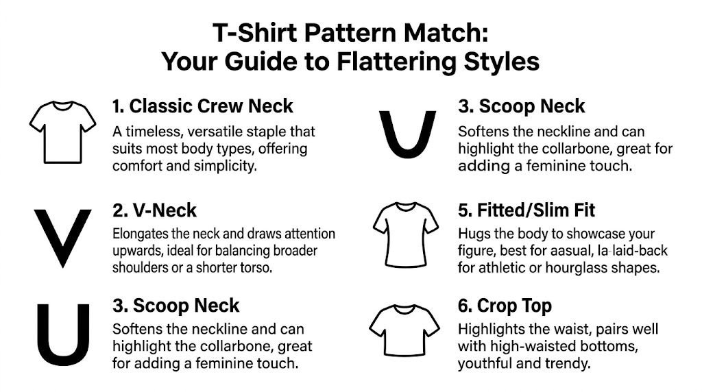 An educational guide titled T-Shirt Pattern Match explaining different necklines and fits for various body shapes.