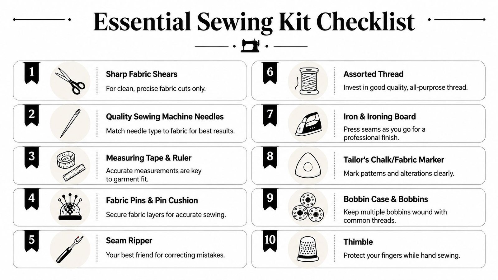 An illustrated checklist titled Essential Sewing Kit Checklist featuring ten key tools for sewing and crafting.