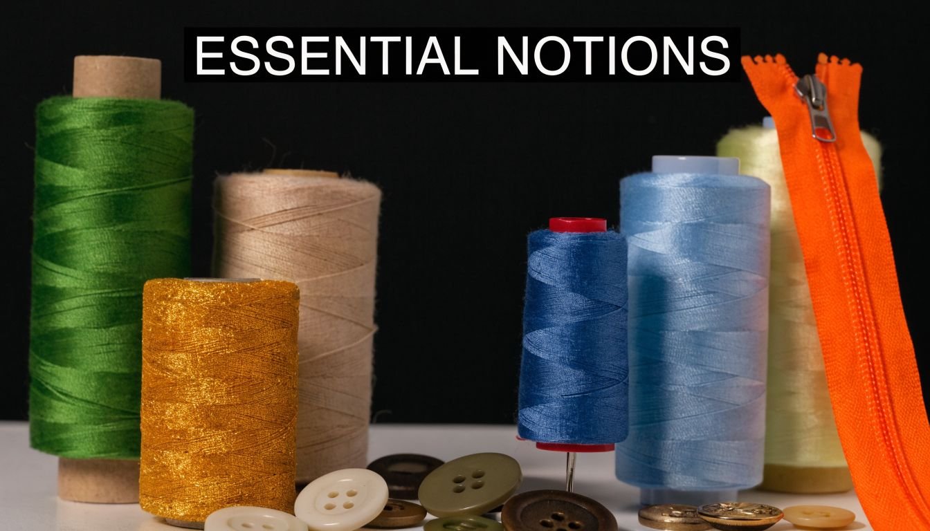 A collection of colorful thread spools, buttons, and an orange zipper on a white surface.