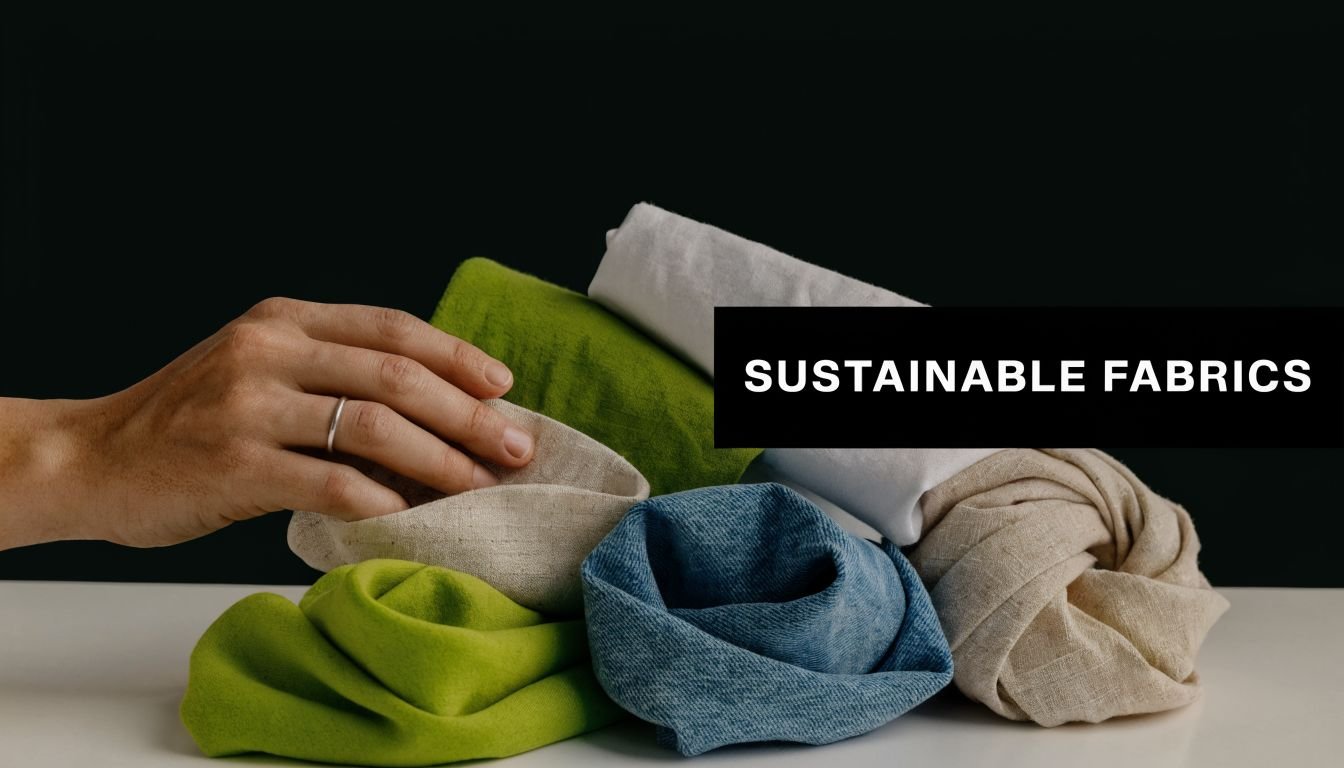 A hand touches various swatches of sustainable fabrics including linen, cotton, and denim on a table.