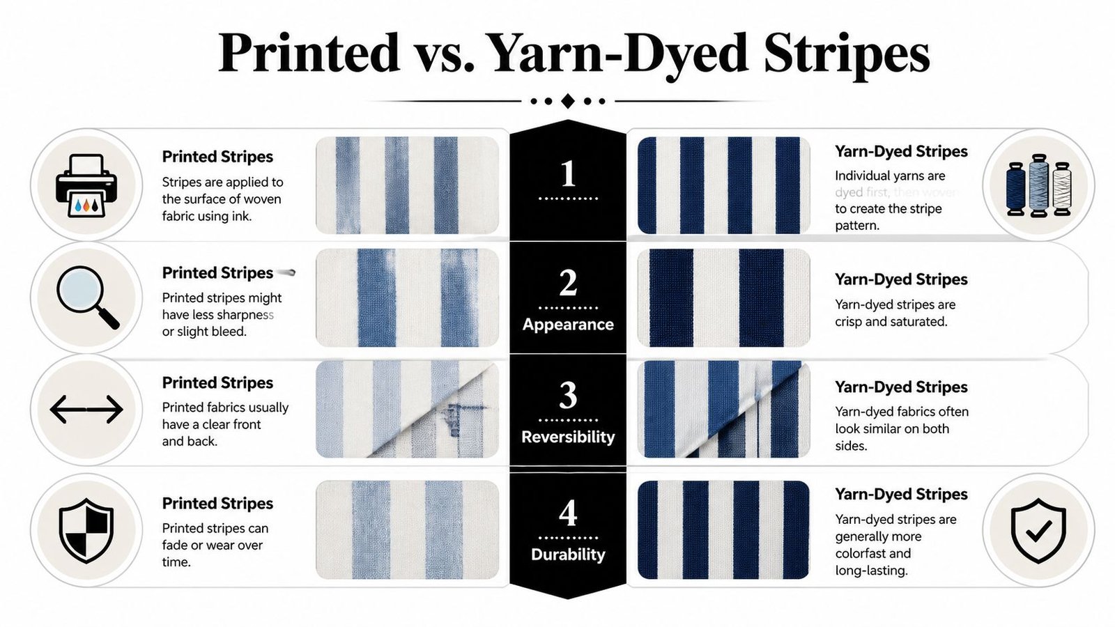 A comparison chart illustrating the differences between printed stripes and yarn-dyed stripes on fabrics.