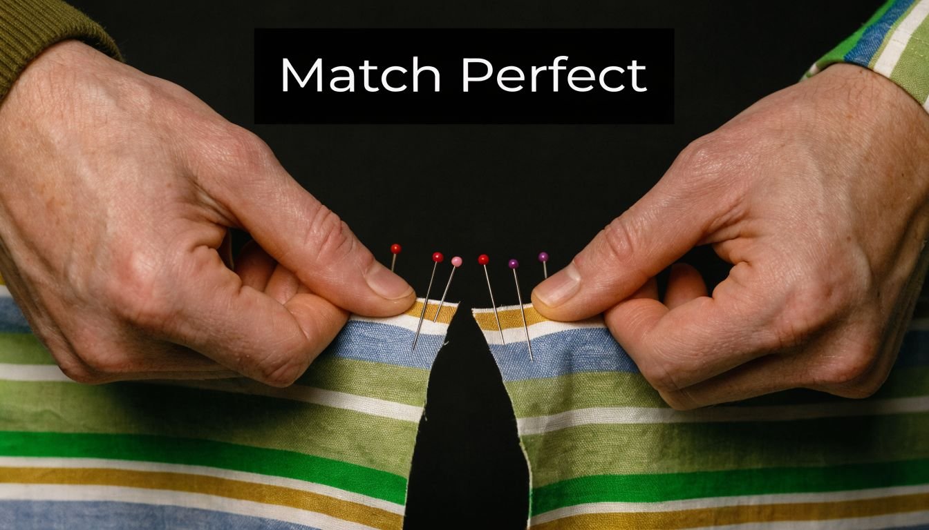 A person holding two pieces of striped cotton fabric together using pins to ensure a perfect match.