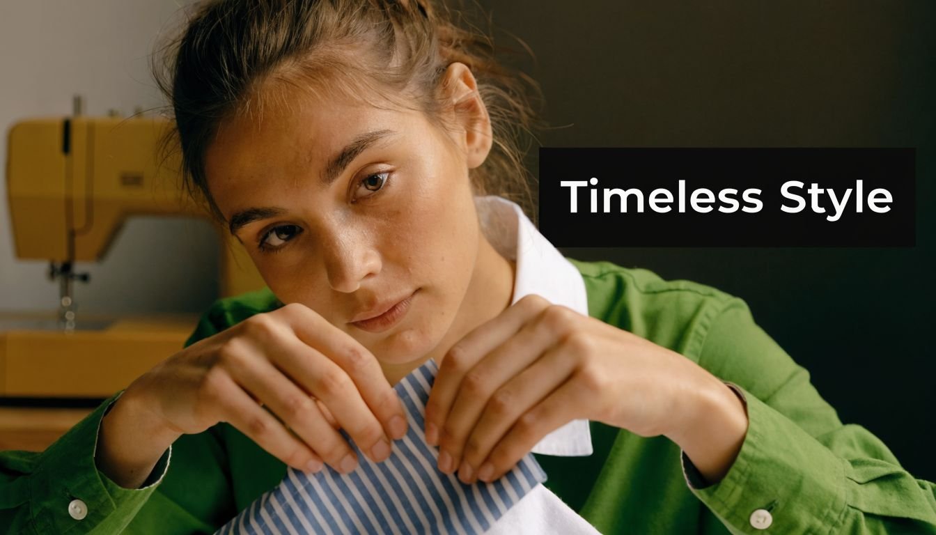 A focused young woman examining a piece of blue and white striped cotton fabric in her studio.