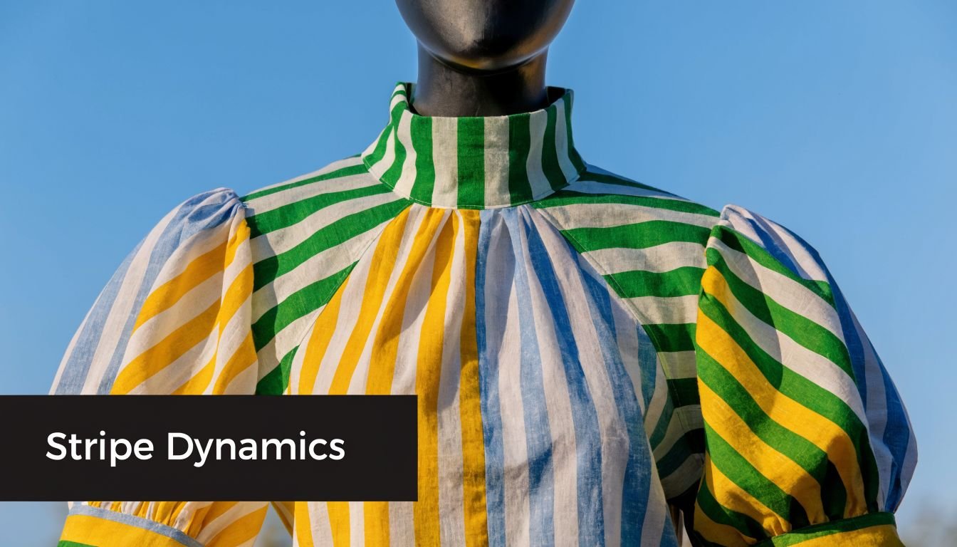 A mannequin wearing a vibrant blouse featuring colorful vertical stripes against a bright blue sky background.