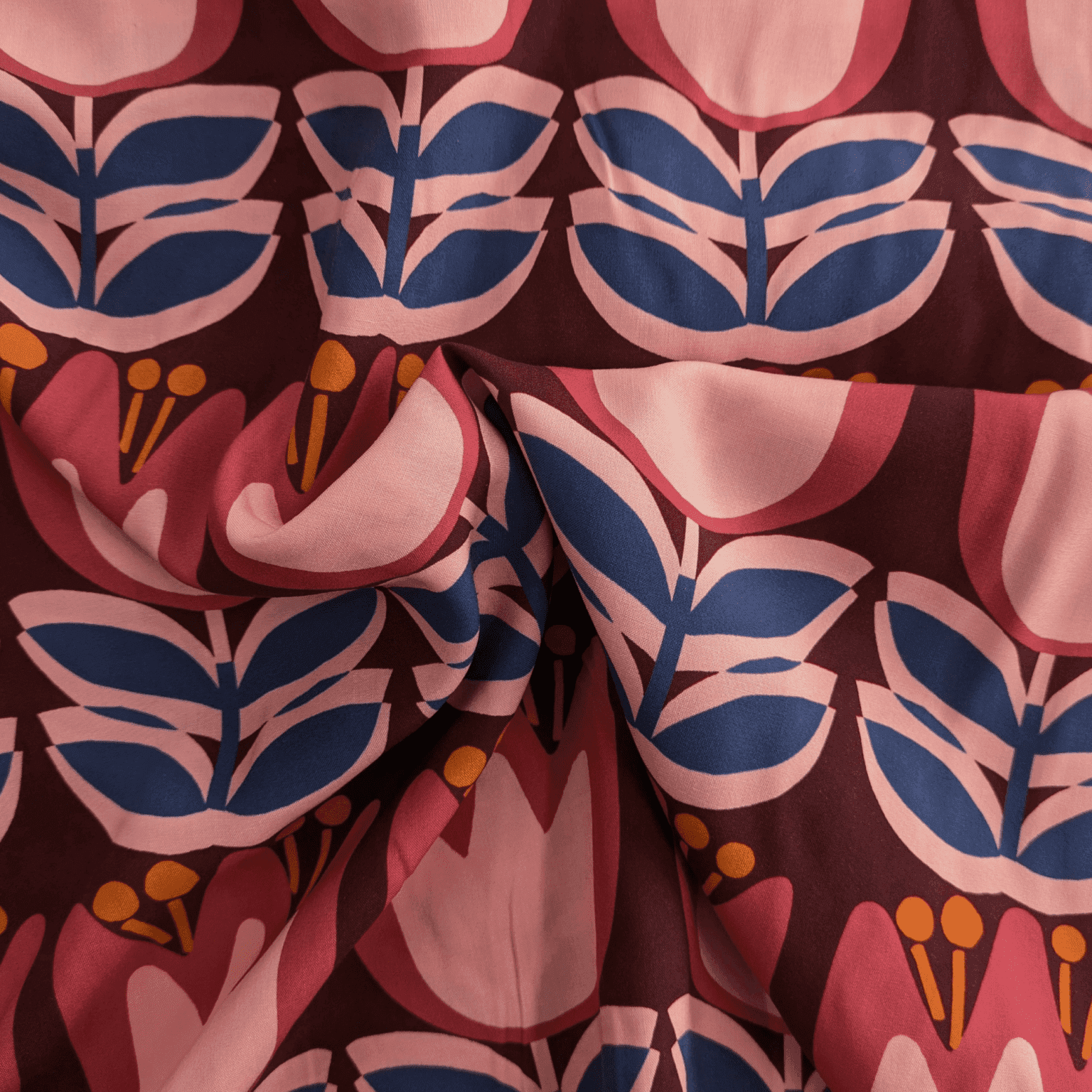 Large Tulip Viscose Fabric Lenzing Ecovero Lightweight Wine Red Floral 138cm Wide