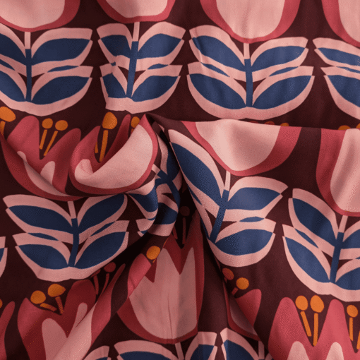 Large Tulip Viscose Fabric Lenzing Ecovero Lightweight Wine Red Floral 138cm Wide