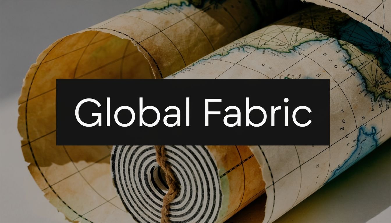 A close-up view of an antique-style map rolled into a tube, centered with the text Global Fabric.