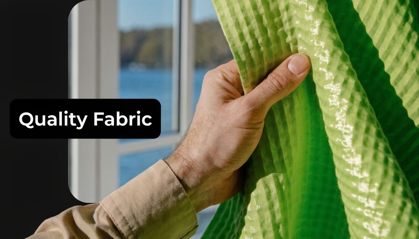 A hand touches green seersucker fabric curtains hanging in front of a bright sunny window.