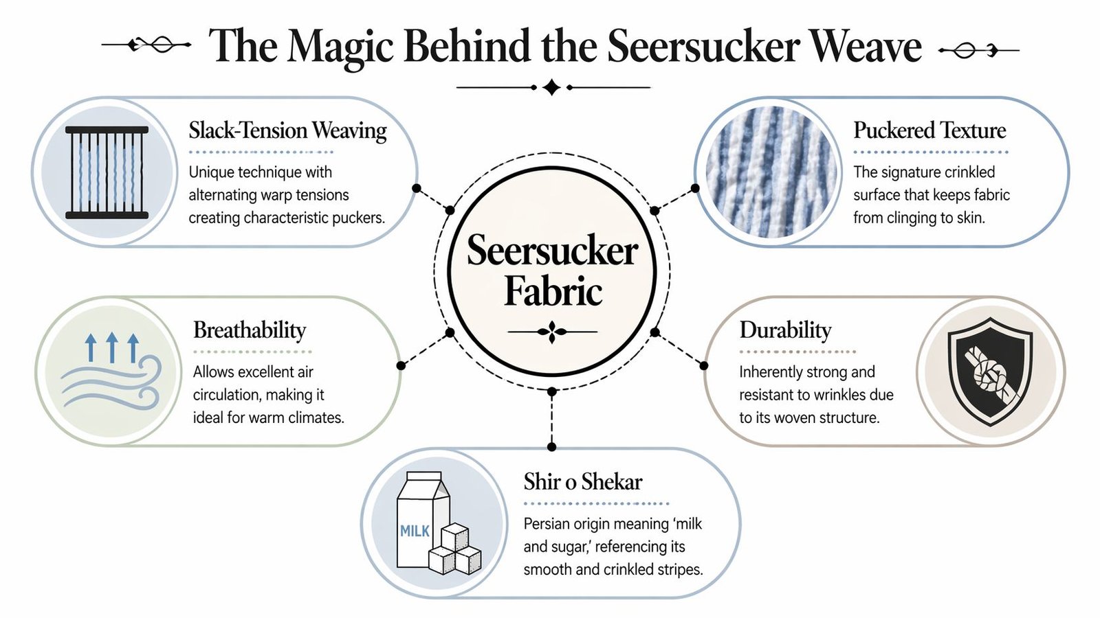 An infographic titled The Magic Behind the Seersucker Weave detailing the fabric's properties, history, and construction.