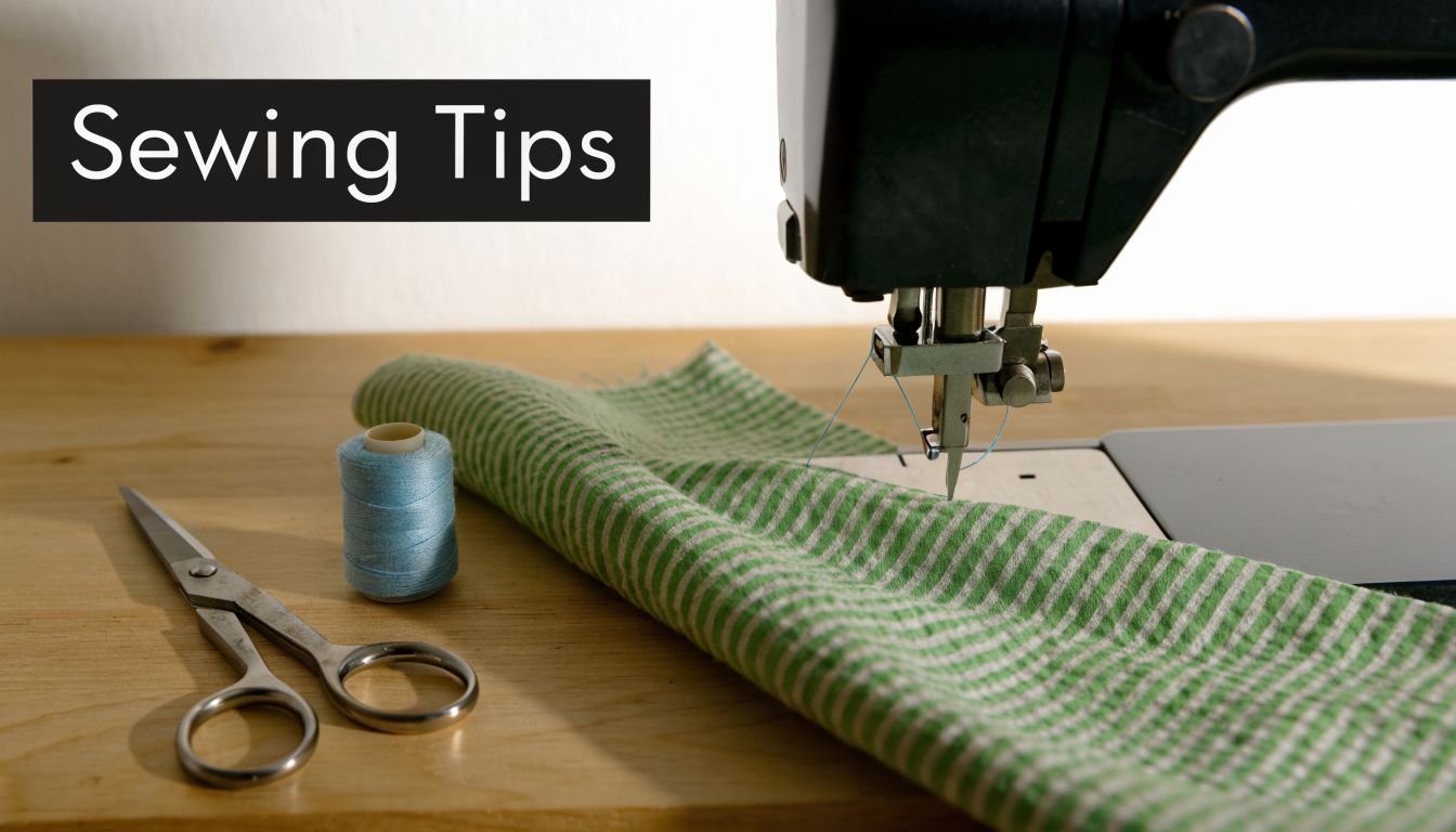 A sewing machine with green and white seersucker fabric, blue thread, and scissors on a wooden table.