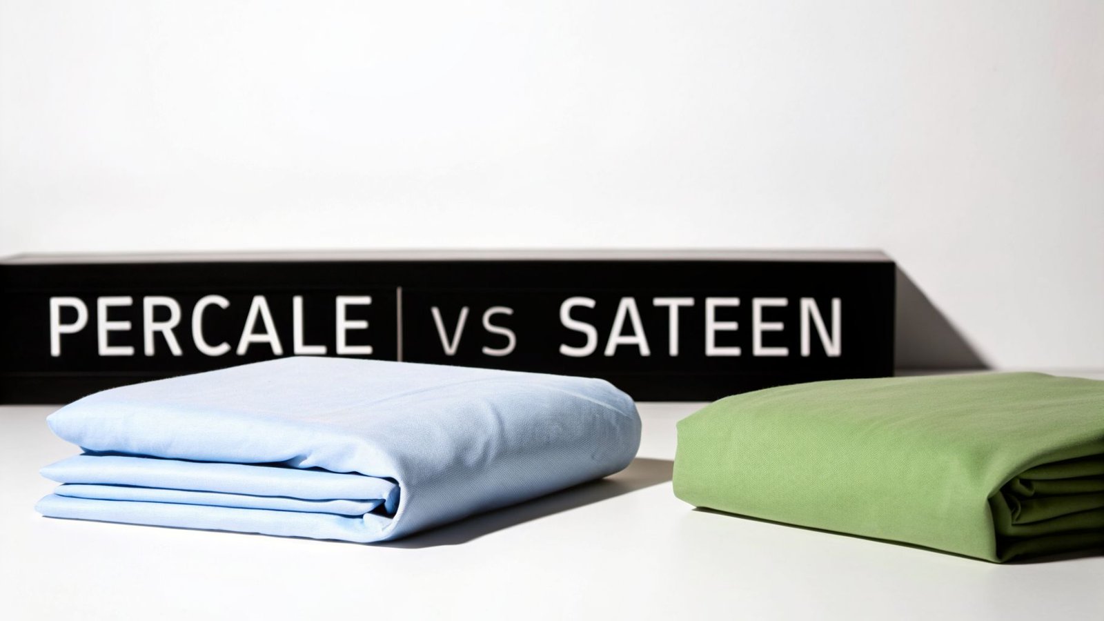 What Is Cotton Percale and How Do You Sew With It? 2 Folded blue percale and green sateen bedding with a 'PERCALE vs SATEEN' sign.