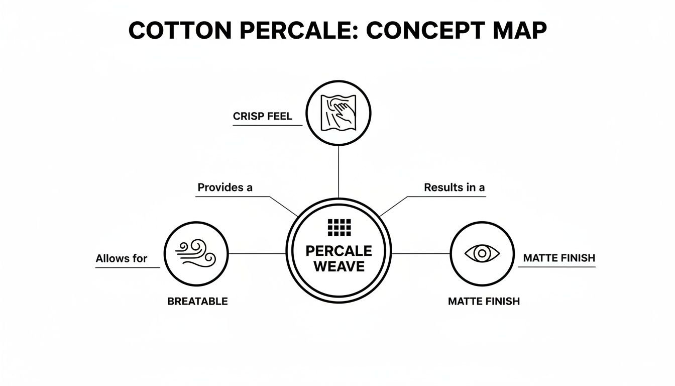 What Is Cotton Percale and How Do You Sew With It? 1 Concept map showing percale weave provides crisp feel, allows for breathability, and results in a matte finish.