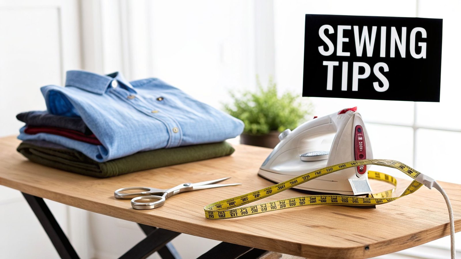 What Is Cotton Percale and How Do You Sew With It? 3 Sewing and ironing supplies including a stack of folded clothes, an iron, scissors, and measuring tape on a wooden table.