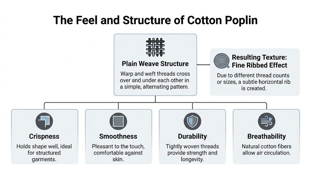 A diagram explaining the structural properties and benefits of cotton poplin fabric, including weave, texture, and characteristics.