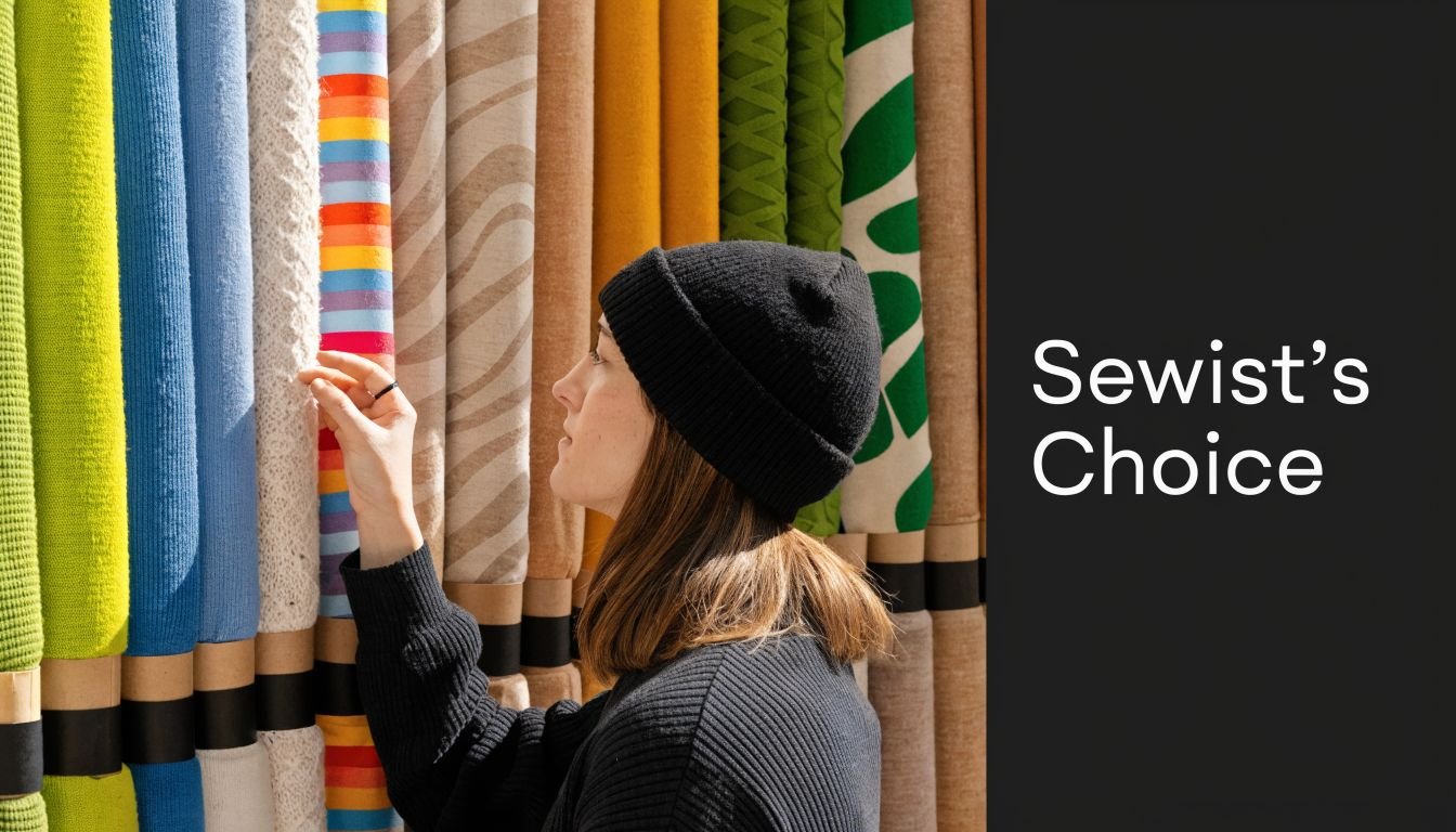 A young woman wearing a black beanie examining rolls of colorful fabric in a textile shop.