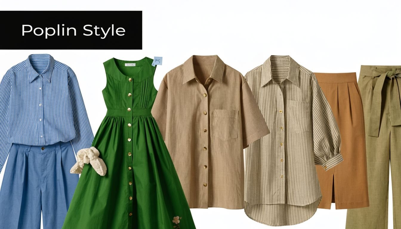 A collection of clothing items including shirts, dresses, and trousers made from cotton poplin fabric.