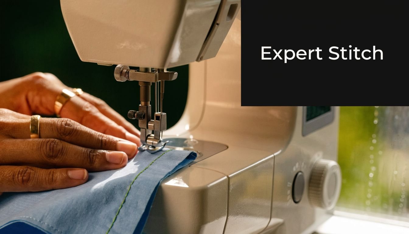 A close-up view of hands using a sewing machine to stitch light blue cotton poplin fabric.