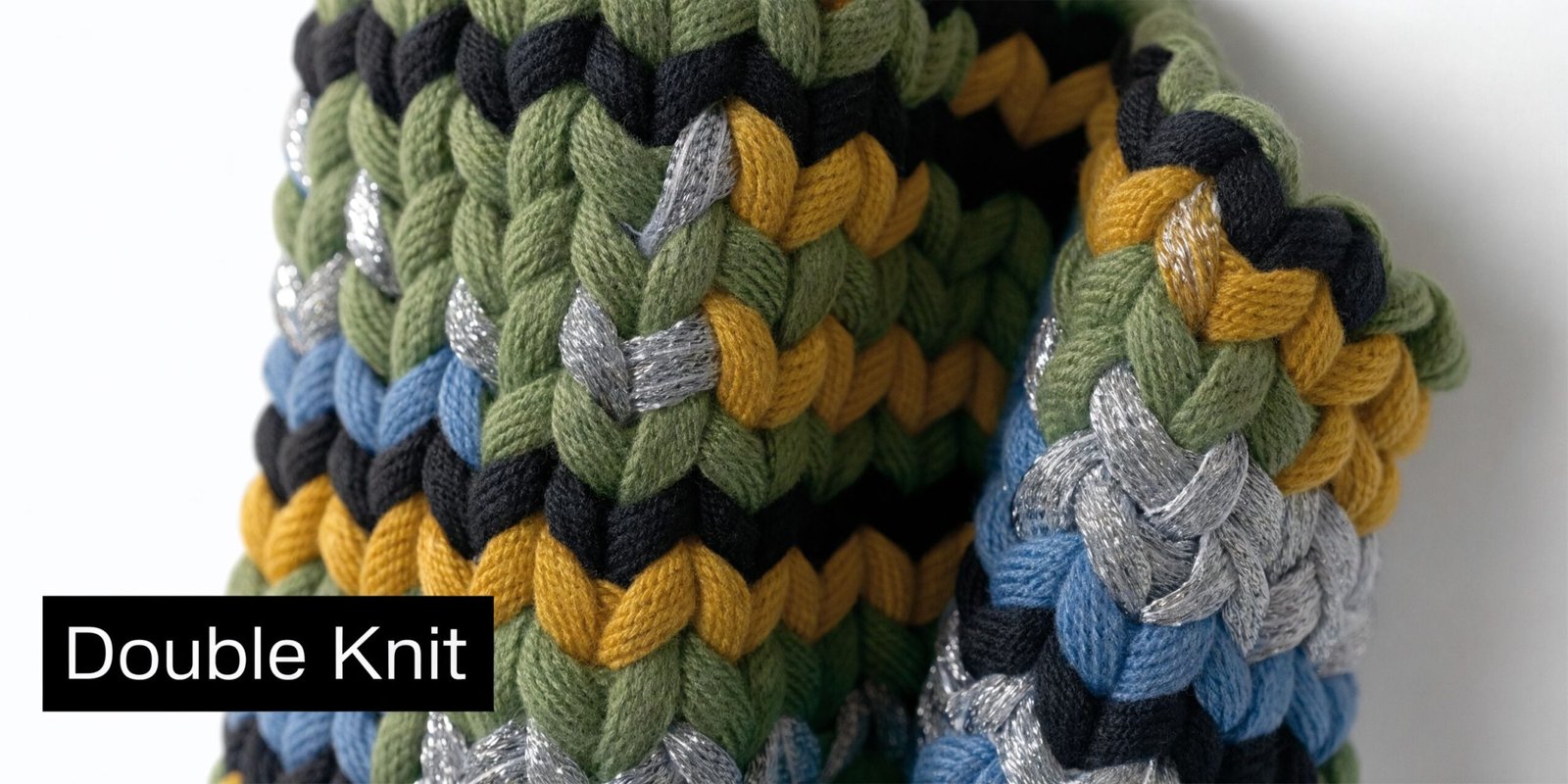 A close-up of a double knit fabric featuring textured rows of green, blue, yellow, black, and silver yarn.