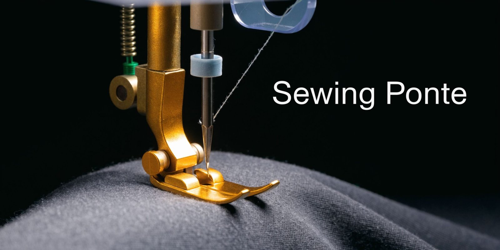 A close-up view of a sewing machine presser foot stitching dark ponte knit fabric in a studio.