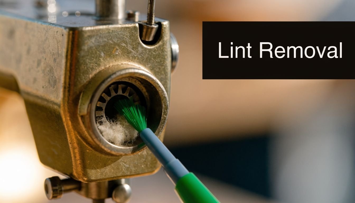 A close-up view of a green brush cleaning lint from inside a mechanical sewing machine component.