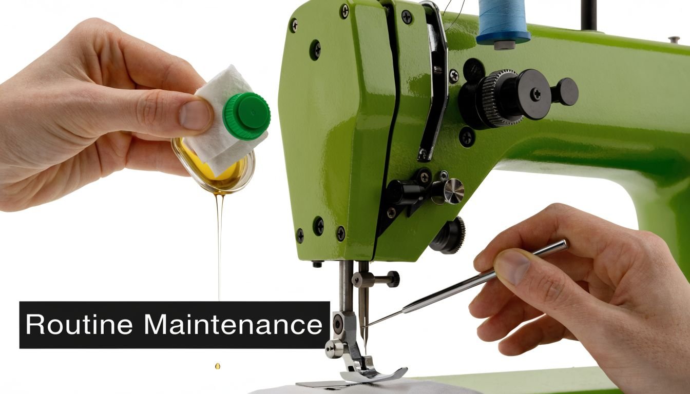 A pair of hands performing routine maintenance on a green industrial sewing machine with oil and tools.