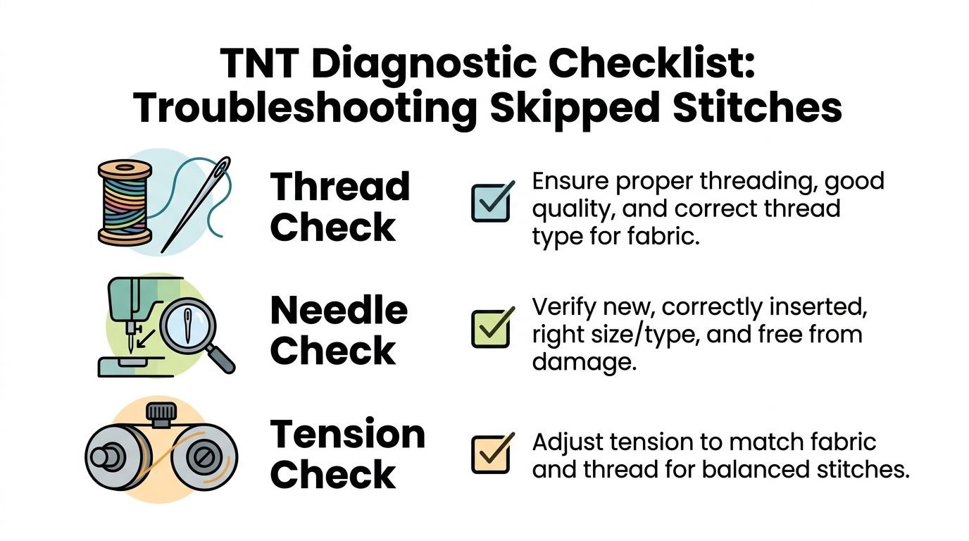 A diagnostic checklist infographic for troubleshooting skipped stitches on a sewing machine, covering thread, needle, and tension.