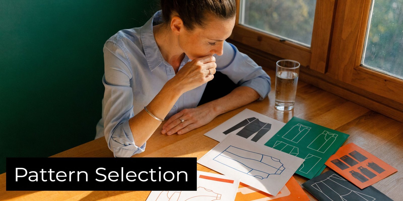Women Sewing Patterns: Your 2026 Guide to Perfect Fits 2 A woman reviewing various sewing patterns on paper at a wooden desk near a sunlit window.