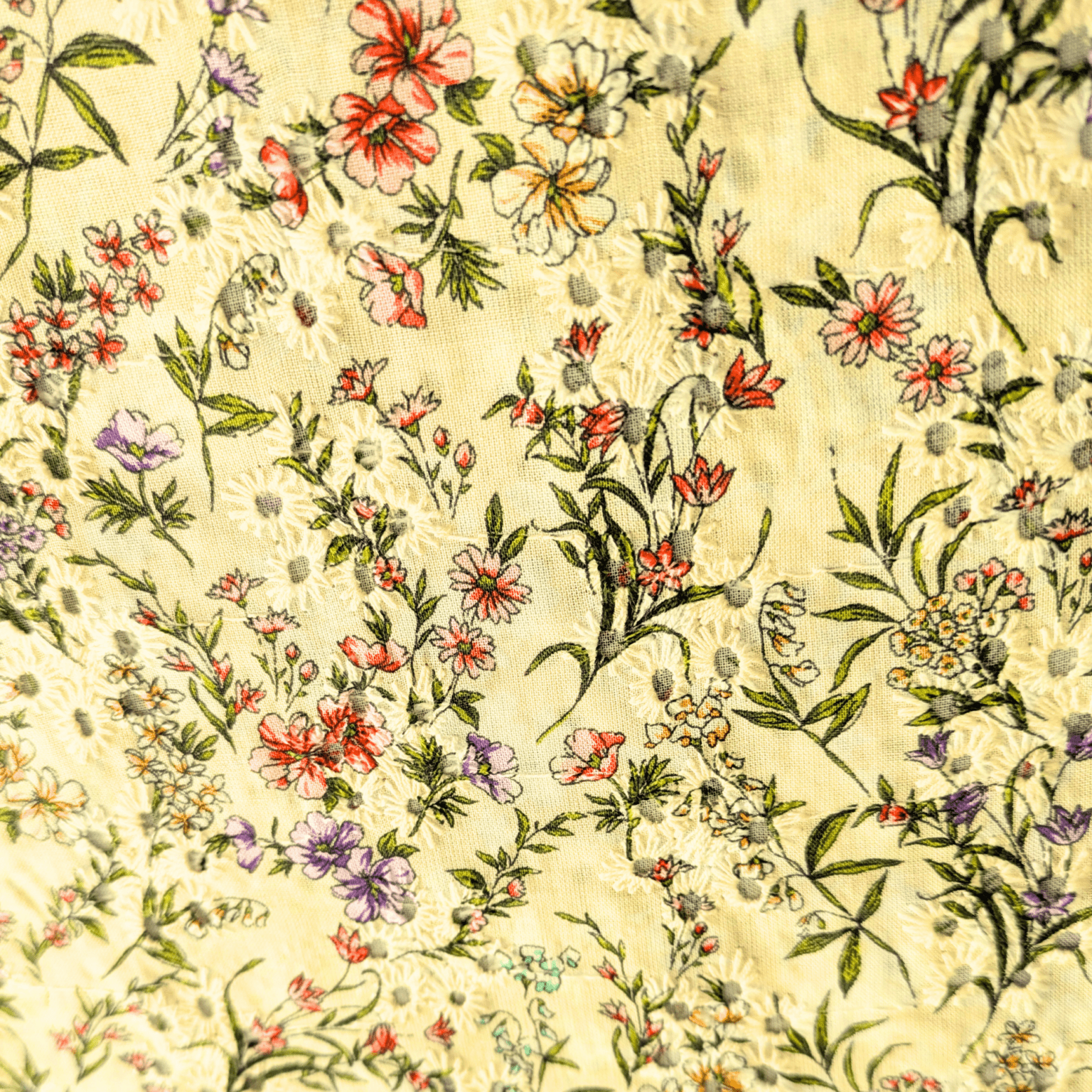 Yellow Vintage Floral Print Broderie Anglaise Cotton Fabric 130cm Wide