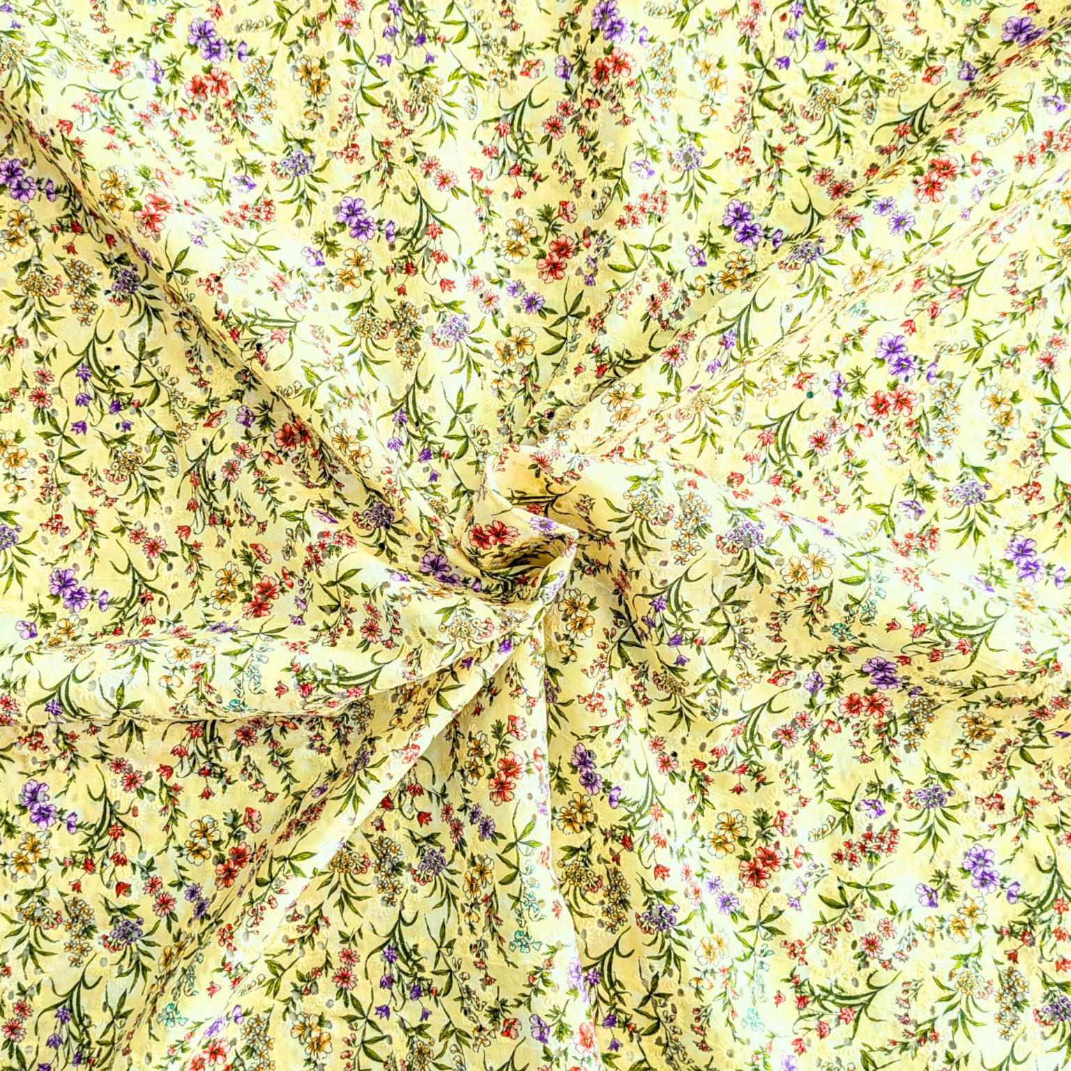 Yellow Vintage Floral Print Broderie Anglaise Cotton Fabric 130cm Wide