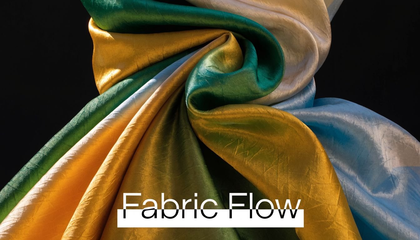 A close-up view of flowing silk fabric featuring vibrant green, yellow, and blue colors against black.