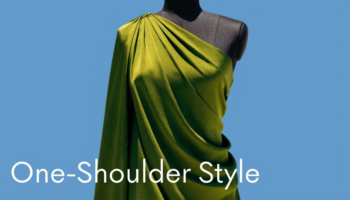 A green fabric draped over a mannequin to demonstrate an elegant one-shoulder dress design style.