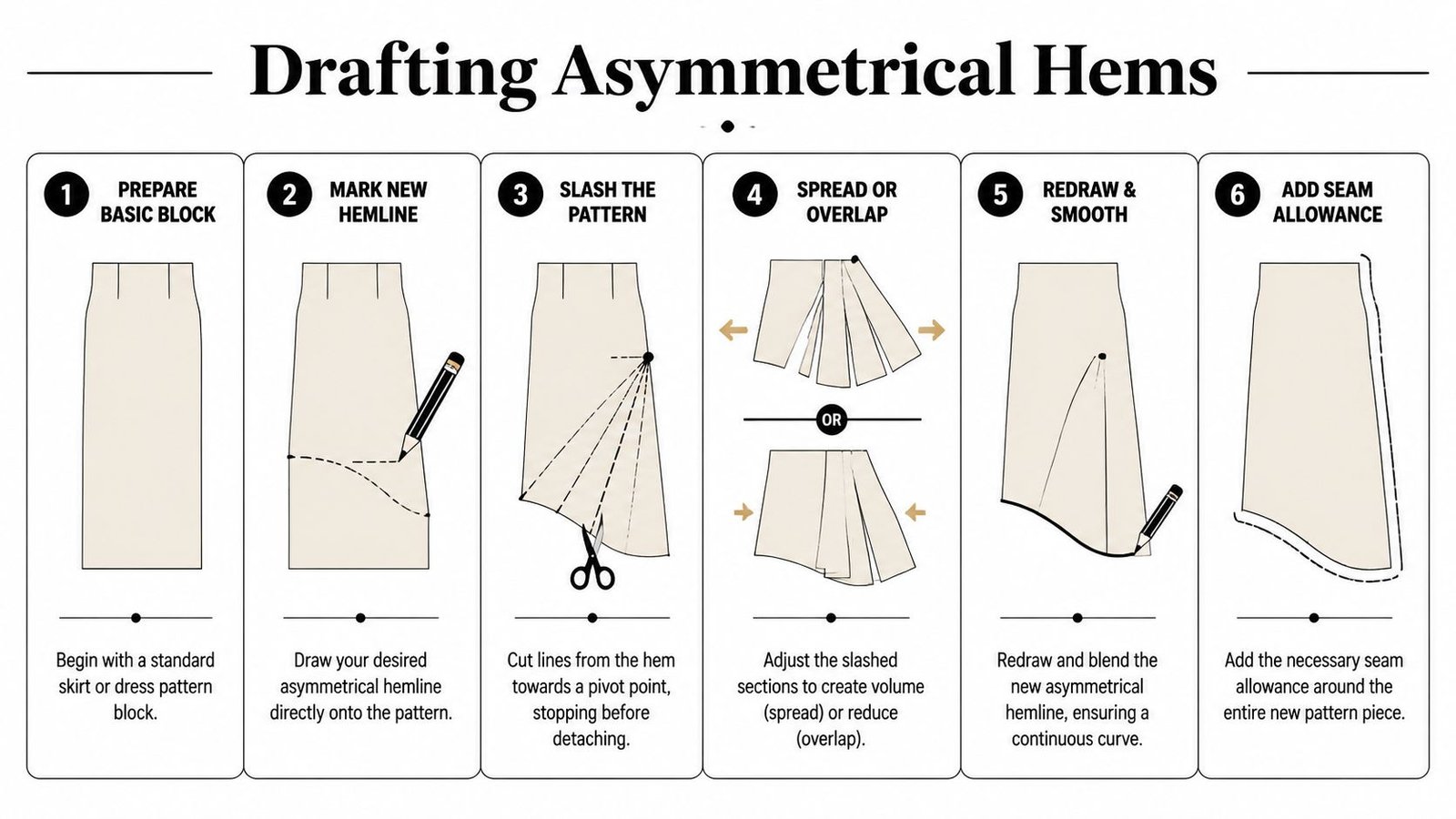 A six-step instructional guide on how to draft an asymmetrical hemline for a sewing pattern.
