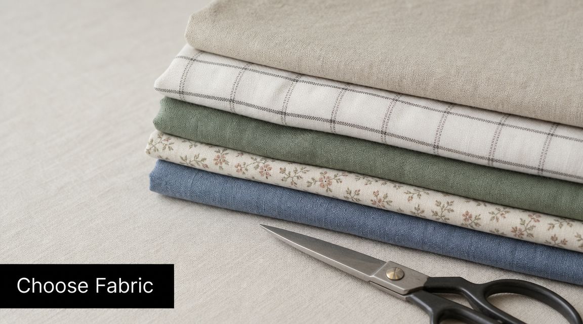 A stack of folded linen fabric swatches in various patterns and colors next to metal sewing scissors.