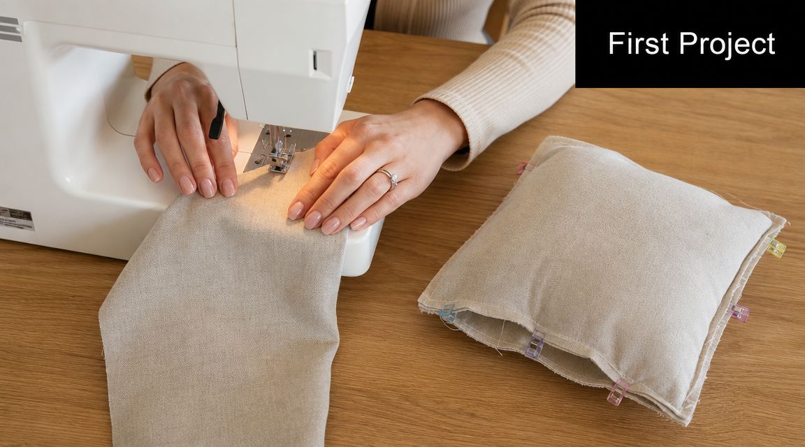 A person using a sewing machine to sew fabric for their first beginner sewing project.