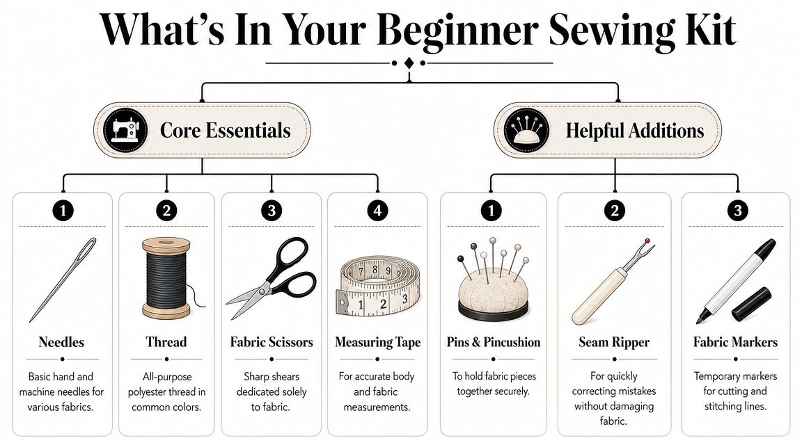 A diagram outlining the essential tools for a beginner sewing kit, including core essentials and helpful additions.