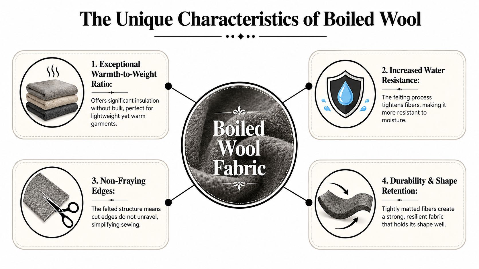 An infographic detailing the four key characteristics of boiled wool fabric, including warmth, water resistance, durability, and non-fraying edges.