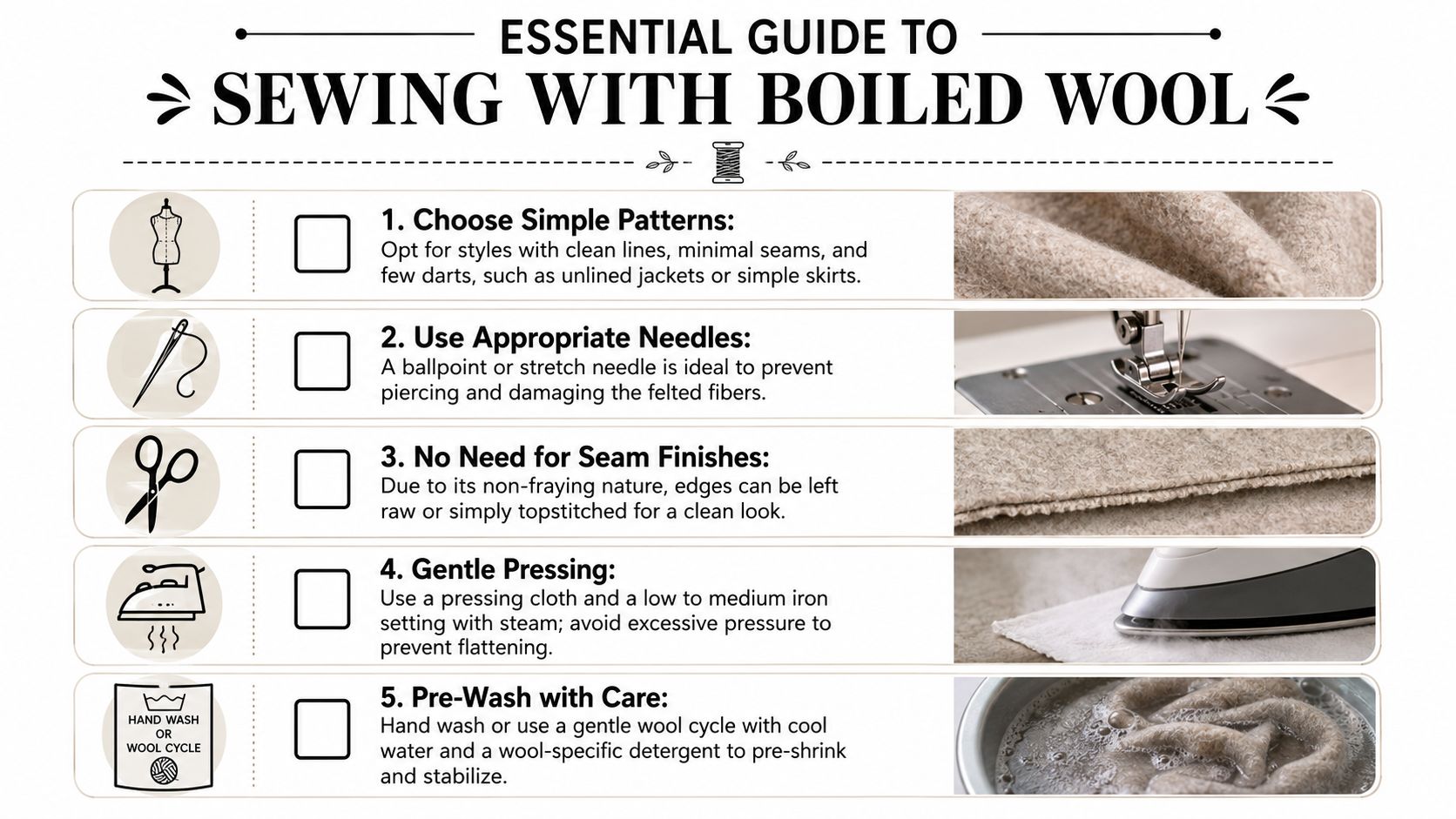 An infographic titled Essential Guide to Sewing with Boiled Wool featuring five helpful tips and icons.