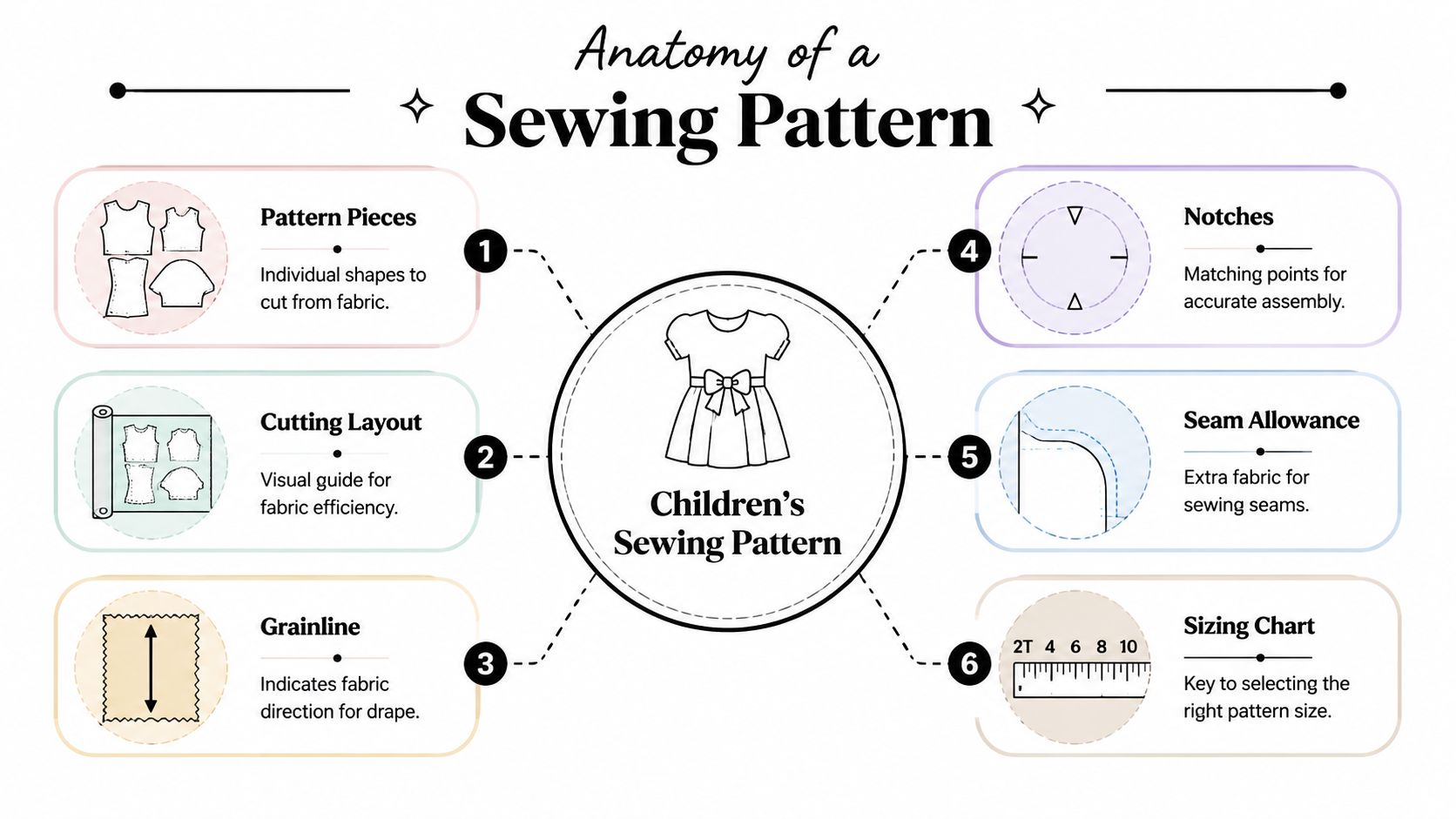 An educational infographic explaining the six key components of a children's sewing pattern with visual examples.