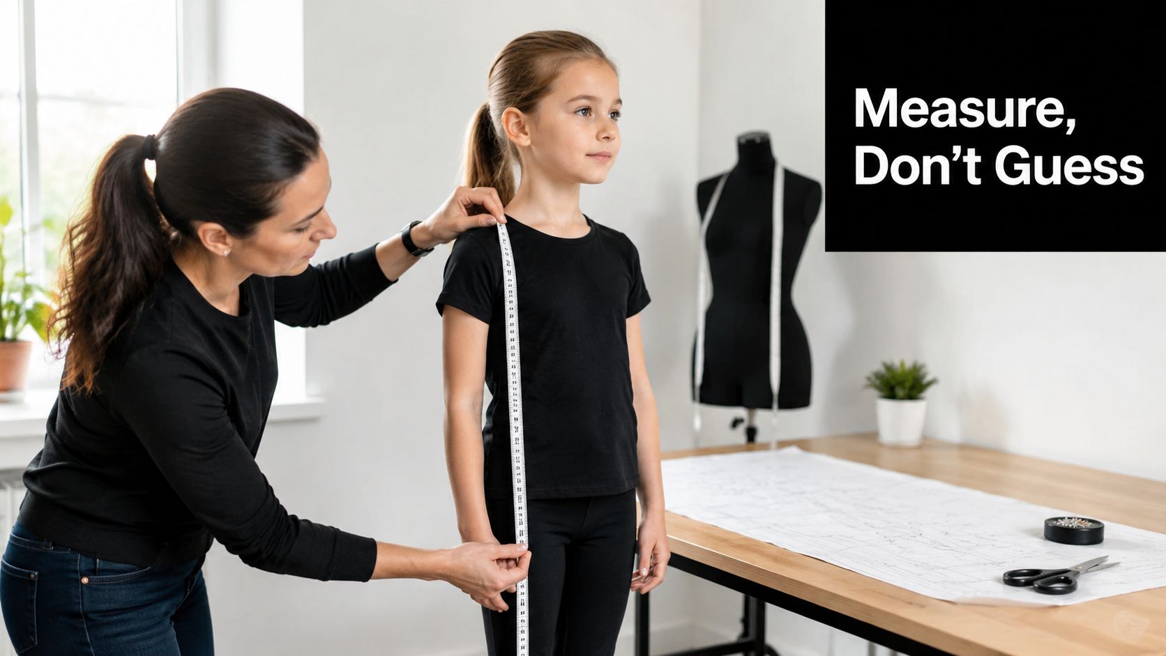 A professional seamstress measures a young girl's length using a white tape measure in a sewing studio.